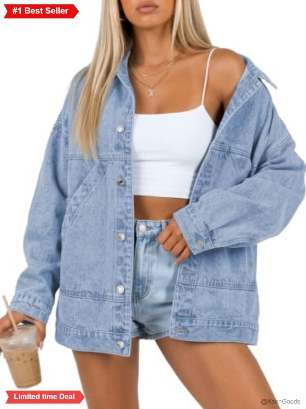 100% Cotton Denim Oversized Boyfriend Jean Jacket Button Front